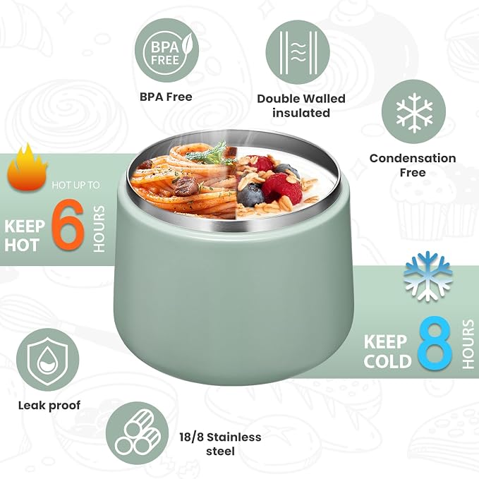 Itslife Soup Thermo for Hot Food Kids 25.5oz Lunch Containers with Buckle Lid Wide Mouth Hot Food Jar Vacuum Insulated Stainless Steel Bento Box Leakproof with Spoon (Green3, 14oz)