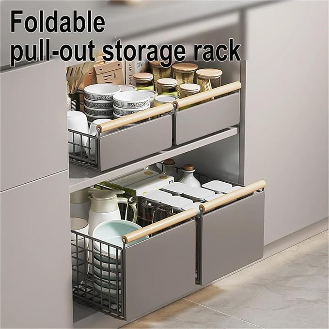 Retractable Kitchen Cabinet Pull-Out Basket - Foldable Adjustable Slide Drawer For Dish & Sink Storage Organization(Small)