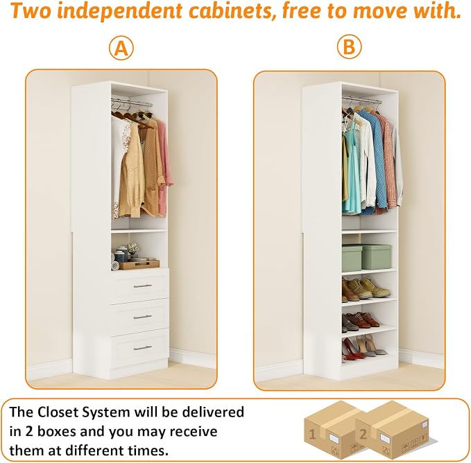 Vomavex Closet System with Drawers of 2 Sets, 4FT-10FT Walk in Closet Organizers and Storage with Hanging Rods & Adjustable Shelves, Free-Standing Modular Closet Systems, White