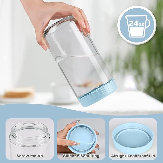 SHOWIN Overnight Oats Containers with Lids, 24oz Glass Jars with Lids 8 pcs, Light Blue, Wide Mouth Mason jars for Salad, Yogurt, Snacks, Meal Prep