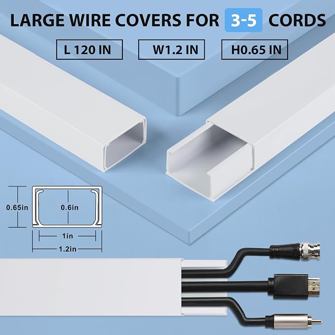 120in Cord Hider Wall, Cable Management Kit to Hide 3-5 Cords, Cord Organizer Wall, TV Cable Hider Wire Hider for Wall Hide Cords Wall Mounted TV, Cable Raceway White 8 x L15in, W1.2in H0.65in