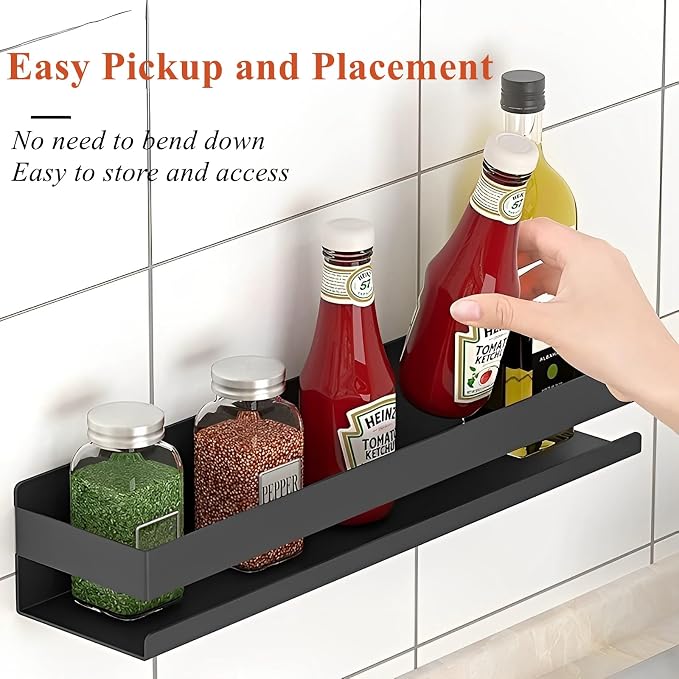 Floating Shelves Wall Mounted, Rustproof Stainless Steel Bathroom Shelf, Black Nail-Free Kitchen Spice Rack, Adhesive Storage Organizer for Shower & Home Decor