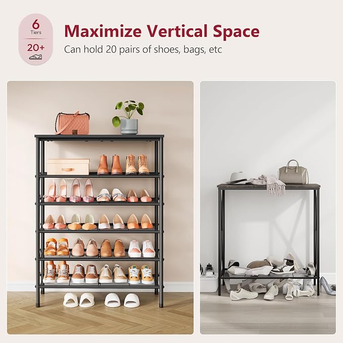 Tajsoon 6 Tier Shoe Rack for 20-24 Pairs of Shoes, Black | X Shape Fixed Frame, Metal Mesh Shoe Shelf, Industrial, For Closet, For Entryway Shoe Storage