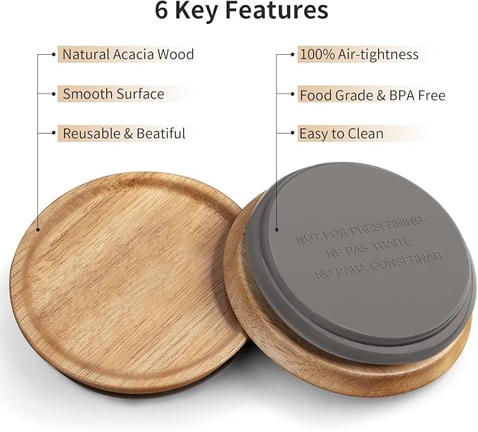 Wooden Storage Lids for Ball/Mason/Kerr Jars, Food Grade Material, Reusable canning lids with Silicone Seal, 100% Fit & Airtight for Jars (12PCS-Wide)