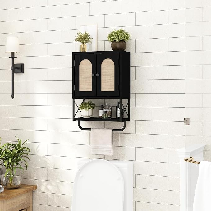RUSTOWN Rattan Bathroom Wall Cabinet, Boho Over The Toilet Storage Cabinet | Arched Rattan Doors, Modern Medicine Cabinet, Adjustable Shelves, Towel Bar, Black