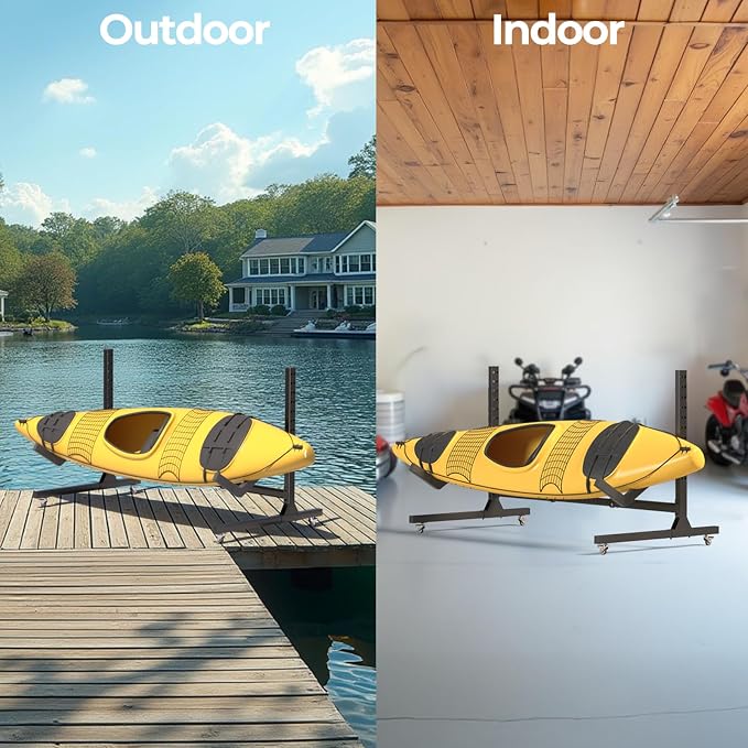 Freestanding Adjustable Kayak Storage Rack, 1 Side Kayak Bracket, Durable Kayak Rack with Lockable Wheels for Indoor, Outdoor, Garage, Shed, Dock
