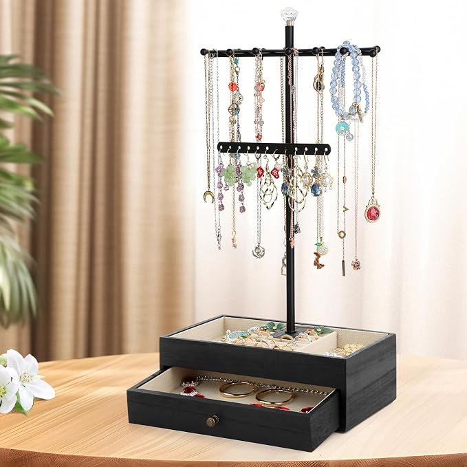 Meangood Jewelry Organizer Stand, 3-Tier Necklace Holder Jewelry Tree with Wooden Storage Drawer Box for Necklace Bracelet Earring Ring,Black