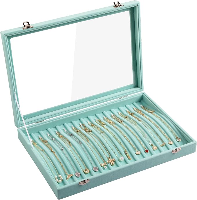 Frebeauty 15 Hooks Necklace Organizer,Velvet Necklace Holder Tray with Lid | Jewelry Organizer for Necklace Pendant Chain,Women Jewelry Box,for Home Use and Jewelry Store,Jewelry Display for Drawer