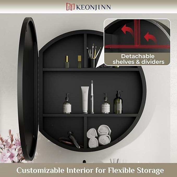 Keonjinn 26 in Round Black Black Medicine Cabinet with Mirror, Surface Mount Metal Frame Mirror Medicine Cabinet, Farmhouse Bathroom Cabinet with Circle Wall Mounted Vanity Mirror Detachable Shelves