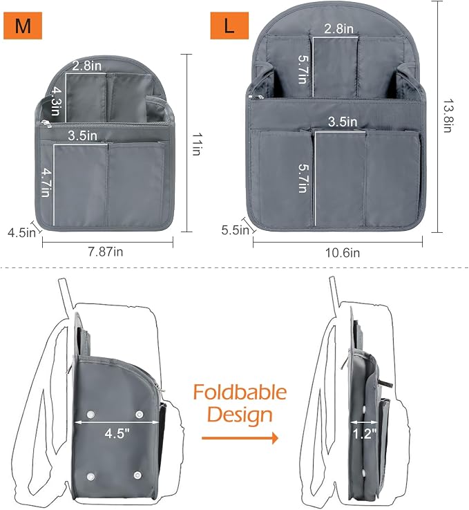Surblue Backpack Organizer Insert Liner Hanging Travel Rucksack Purse and Handbag Insert Pocket, High-capacity Divider Foldable Nylon Shoulder Bag Organizer for Men and Women, (Grey, M)
