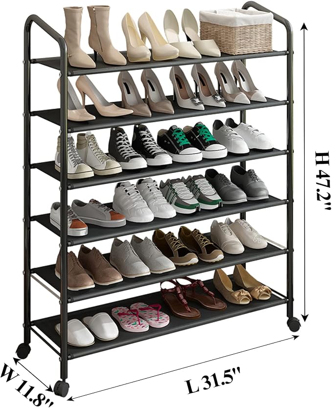 Tall 6-Tier Metal Shoe Rack,Non-Woven Fabric Shoe Shelf,Large Storage Racks with Locking Wheels,Rolling Shoe Storage Organizer Shoe Stand Holders,for Garage Closet Dorm,Black