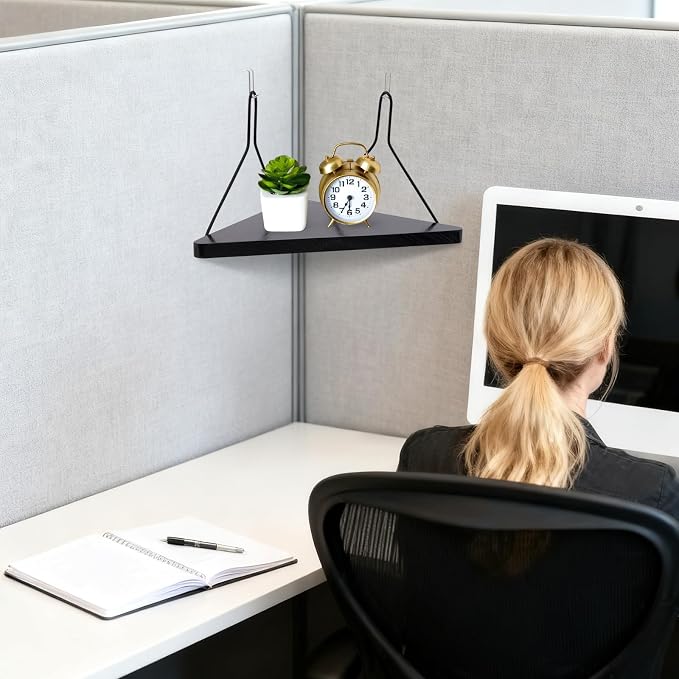 Fabric Wall Cubicle Corner Shelf with Hooks 11.8 Inch Wooden Triangular Cubicle Corner Shelf for Office Fabric Walls Display Storage Hanging Organizer for Work Decor Small Planter(Black，1 PCS)