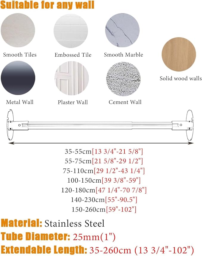 Closet Rod Flange Adjustable Closet Rod for Angled Wall, Retractable Corner Shower Curtain Rod Stainless Steel, 180° Swivel Hanging Clothes Support Pole(Black,140-230cm(55"-90.5"))
