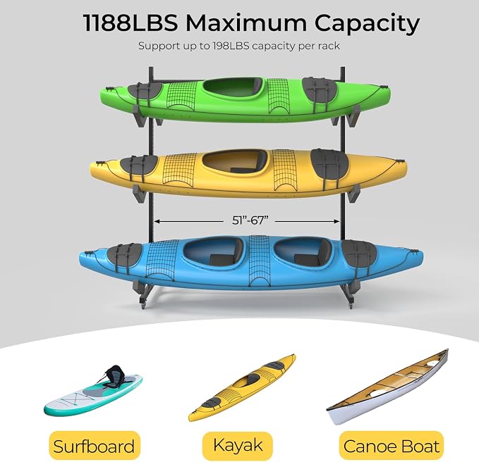 Freestanding Adjustable Kayak Storage Rack, 2 Sides Kayak Bracket, Durable Kayak Rack with Lockable Wheels for Indoor, Outdoor, Garage, Shed, Dock