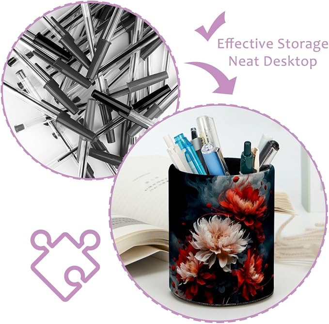 Vintage Red and White Flower Pen Holder Pencil Organizer for Desk, 3.1” x 3.1” x 3.9” Pencil Cup Office Supplies, Large Capacity Cute Pen and Makeup Brush Holder for Home, School, Desktop