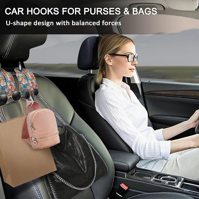 Blusabaca 2PCS Car Seat Headrest Hooks, Purses Bags Holder, Cute Cats | PU Leather, Double Metal Back Storage Hangers for Grocery Bags Handbags Bottles Coats Phones, Car Accessories Organization