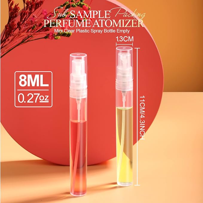 FANDAMEI Mini Clear Spray Bottle, 10 Pack 8ml Mini Plastic Spray Bottle Empty, Fine Mist Refillable Mini Perfume Bottle, Perfume Atomizer, Small Empty Sample Containers, Plastic Portable Travel Bottle