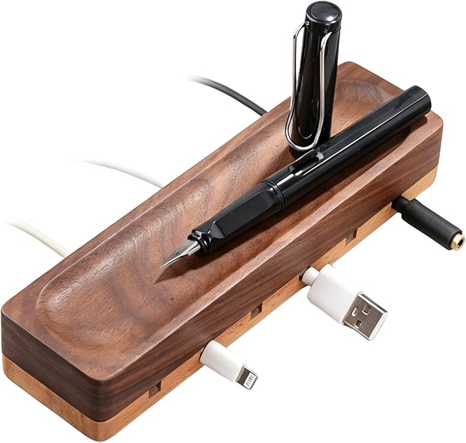 Magnetic Cord Holder with 6 Slots - Walnut & Beech Wood Cable Organizer for Lightning, USB, USB-C, Stick-on Design for Desk, Under Desk, Nightstand