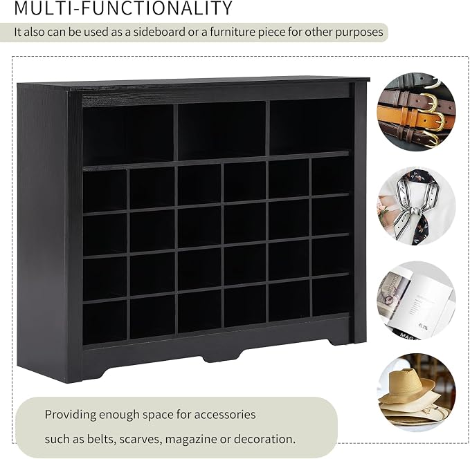 Flieks 24-Cube Organizer Shoe Storage Cabinet, Stylish Design Shoe Cabinet with Multiple Storage Capacity, Free Standing Cabinet with Curved Base for Entryway, Living Room, Hallway, Black