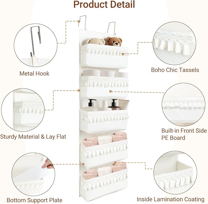 Dahey Over The Door Organizer Boho Nursery Storage Decor Closet Hanging Organizer with Tassels Decoration for Bedroom Nursery Bathroom Apartments Dorm Pantry, 5 Pockets, White