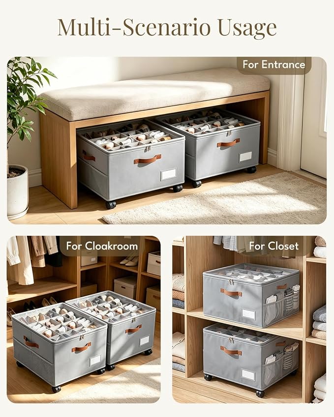 Shoe Organizer for Closet with Wheels - 2 Pack Shoe Storage Box Bin Cubes | Detachable Wheels | Fits 32 Pairs | Adjustable Dividers | Side Pockets | Clear Cover | Foldable | Stackable | Label Holder
