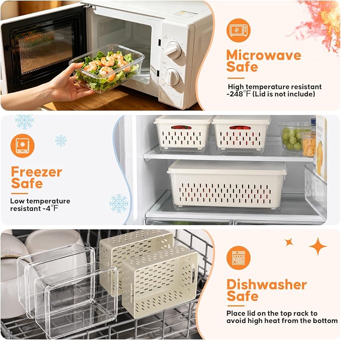 JSCARES Fruit Storage Containers for Fridge with Soft Lid - 4 Pack Food Storage Container with Removable Colander, Airtight Produce Saver Containers Keep Berry, Fruits, Vegetables, Meet Fresh Longer