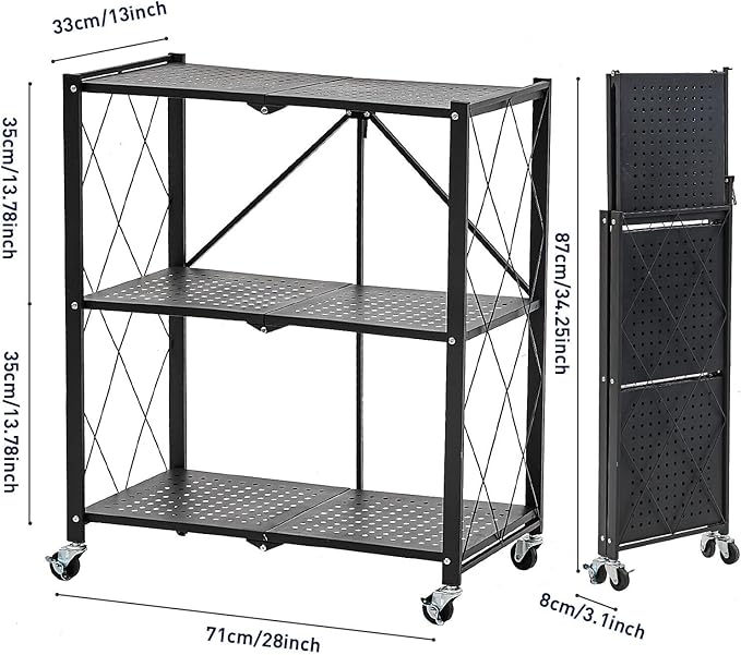 BRIAN & DANY 3-Tier Foldable Storage Shelves with Wheels, No Assembly Folding Shelf Metal Rack, Shelving Unit for Kitchen, Garage, Black