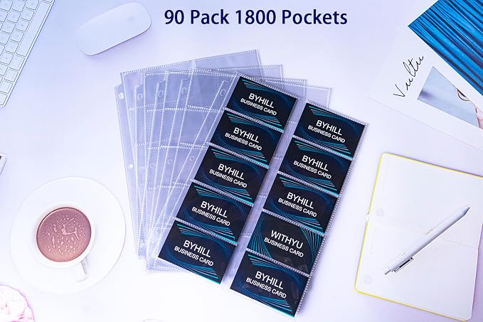 BYSTER 90 Pack 1800 Pockets Business Card Sleeves Binder Sheets, Ultra-Clear Business Card Pages for 2/3/4 Ring Binder, Double Sided 10 Pocket Credit Card Pages