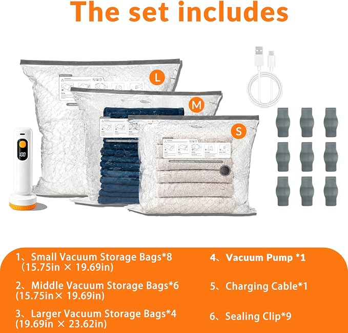 Travel Vacuum Bags with Pump – 18 Vacuum Storage Bags for Clothing, Travel & Home Storage, Double Zipper, Space Saving, Portable, Rechargeable