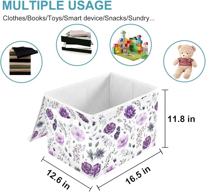 CaTaKu Large Fabric Storage Bins With Lids, Watercolor Purple Floral Storage Boxes With Handles for Organizing Clothes, Collapsible Storage Cube Bins Baskets for Shelves