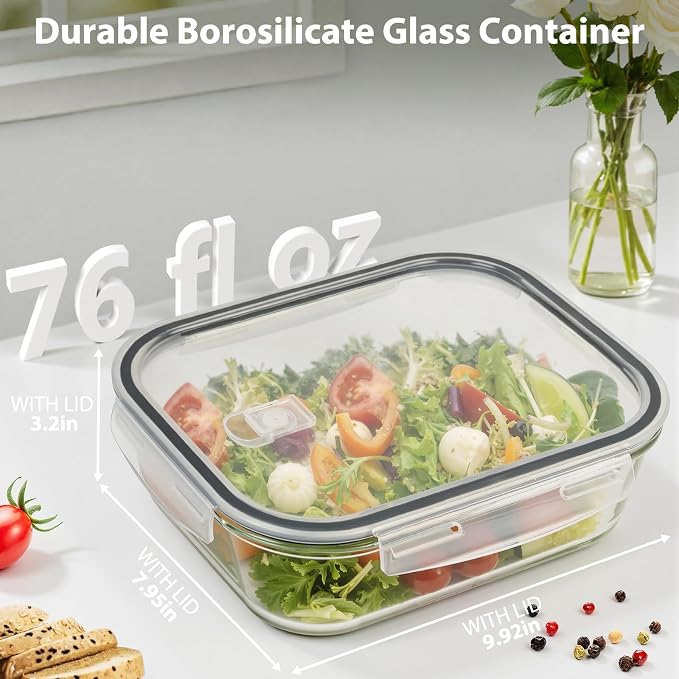 2 Pack 9.5Cup/76.4oz Large Glass Storage Containers with Air Vent Lids | Food Storage, Meal Prep, Lunch, Baking, Food Serving, Microwave Oven Dishwasher & Freezer Safe, BPA-Free, Airtight, Leakproof
