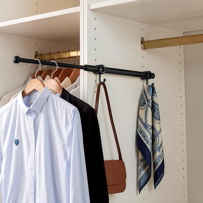 Valet Rod for Closet Pull Out with Hooks, Easy To Install (Black, 12 Inch)