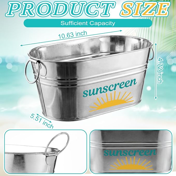 Blulu Sunscreen Pool Storage Bucket Metal Poolside Basket Above Ground Pool Bin Summer Basket Outdoor Storage for Swimming Camping Beach Indoor Outdoor Sunscreen Sunblock Decor Accessories(Silver)