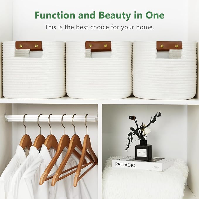 ECDYQXVU 15x10x9 Woven Cotton Rope Storage Basket, Leather Handles 1 Pack | Foldable Design, Sturdy PU Handles, Easy to Clean Organizer for Living Room, Closet, Shelves, Bedroom, Laundry, Clothes