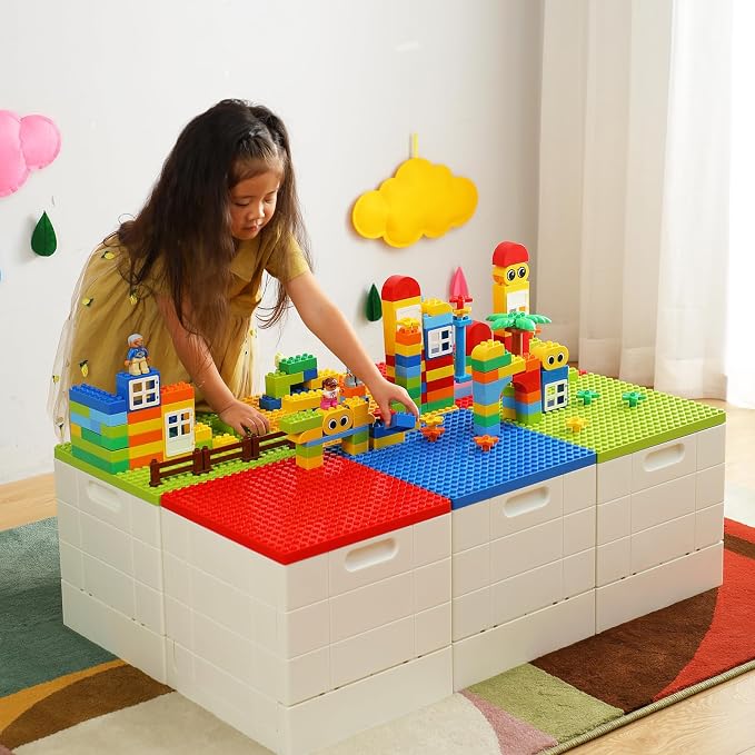 SHIMOYAMA Collapsible Kids Storage Box with Building Base for Lego Duplo Blocks, 26 Qt. Toy Organizer for Boys and Girls, 25L Stackable Toy Chests for Children, Green