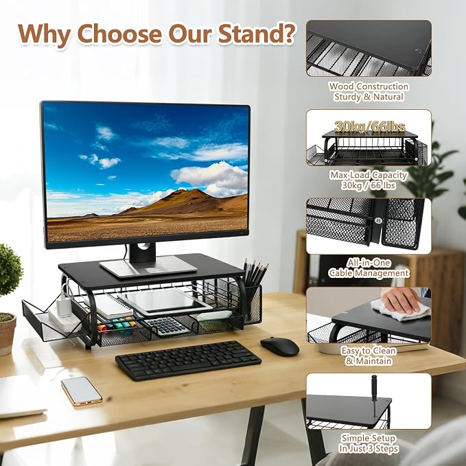 Desk Organizers and Accessories Monitor Riser, Monitor Stand with Drawer (2-Tier Drawers) with Large Side Storage Rack & Cable Management,66LBS/30KG, Office Organization, Black