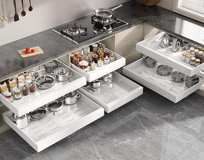 Seinloes 4 Pack Pull Out Cabinet Organizer 21" Deep,Full Extension 3 Slide Rails Slide Out Drawers With Raising Pad for Framed Cabinets,Expandable Width (15.4"-26.2"),No Drill Roll Out Shelves,White