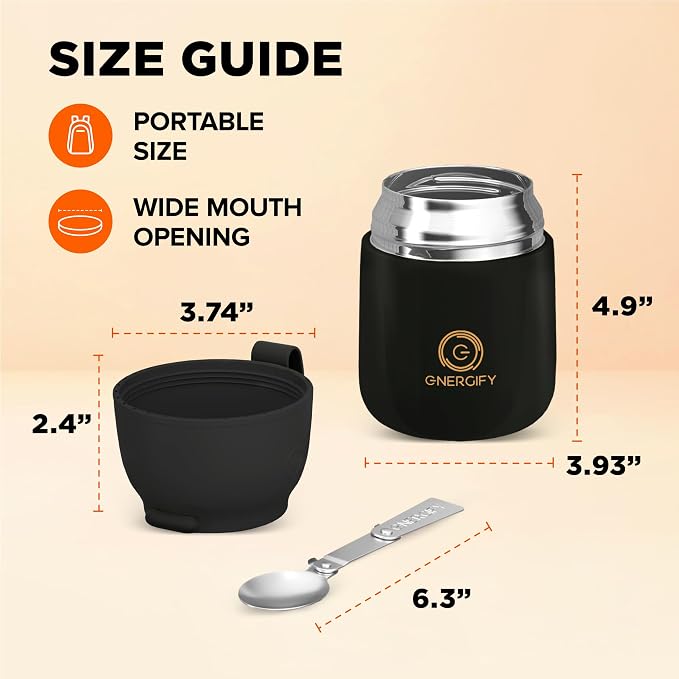 ENERGIFY Vacuum Insulated Food Jar. Large 17oz Bowl incl. Folding Spoon, Cup. Wide Mouth Keep Hot & Cold Drinks Soup Lunch Container for Adults. BPA-Free Stainless Steel, Leak Prooff Black Matte