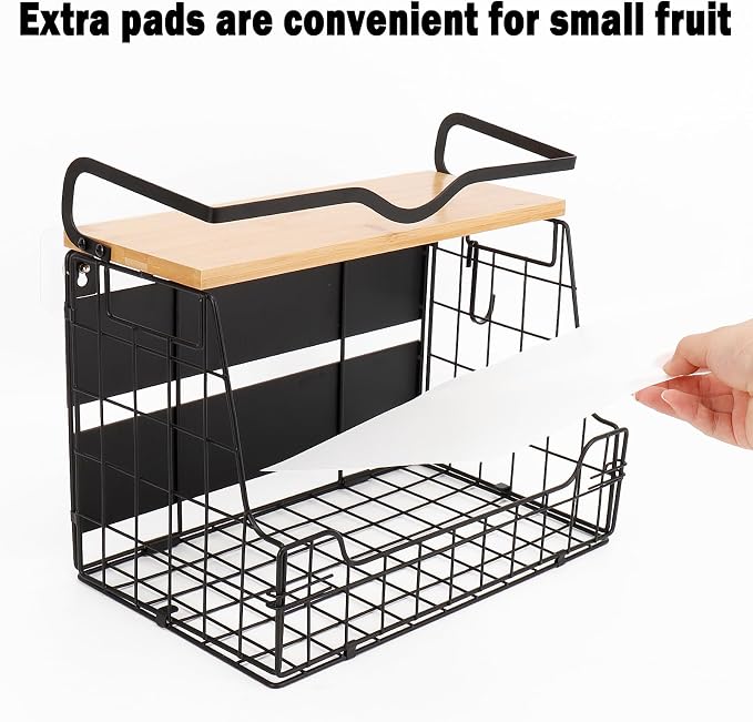 Livabber Magnetic Fridge Organizer Basket with Wood Shelf, Large Fruit Vegetable Storage Bin, Spices Snacks Condiments Rack for Kitchen Pantry, Laundry Room, Office, Magnetic or Wall Mount (Black)