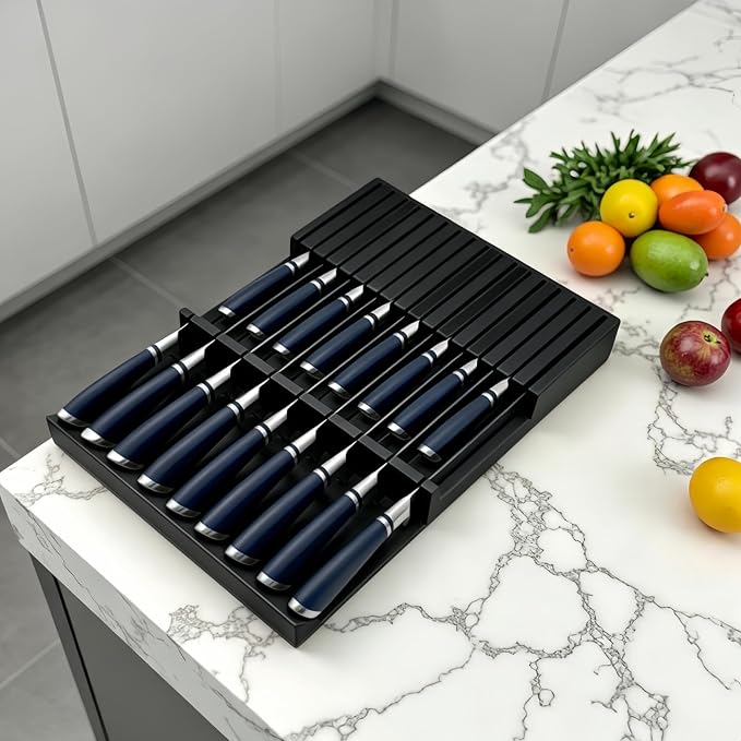 In-Drawer Black Knife Block, 17-Slot Anti-Slip Space-Saving Storage | Fits Most Standard Drawers | Holds Up to 17 Knives | Sleek Black Painted Frame | Secure Stable Knife Drawer Insert Organizer