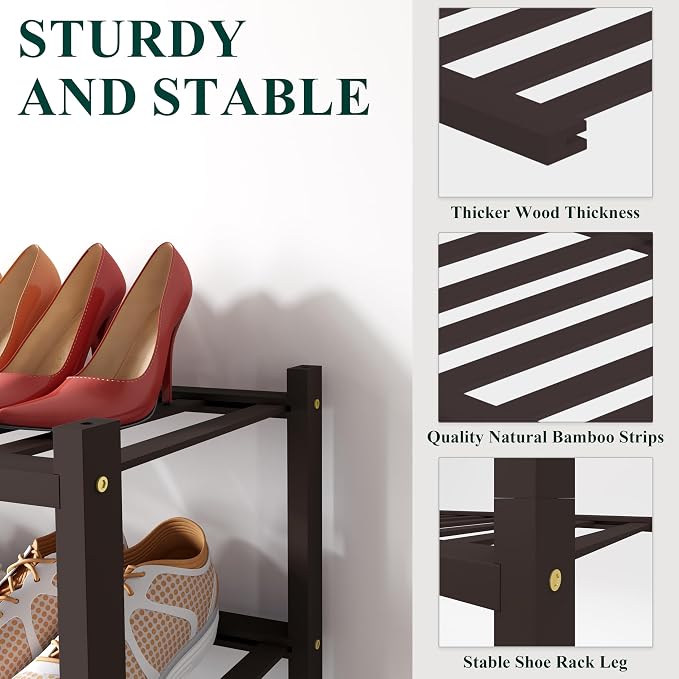 Smiry Bamboo Shoe Rack for Closet, 3 Tier Small Wooden Shoe Organizer, Stackable Wood Shoe Storage Shelf for Entryway, 14 Vertical Slats, One-piece Heavy-Duty Legs, 17.32"x11.02"x18.31", Brown