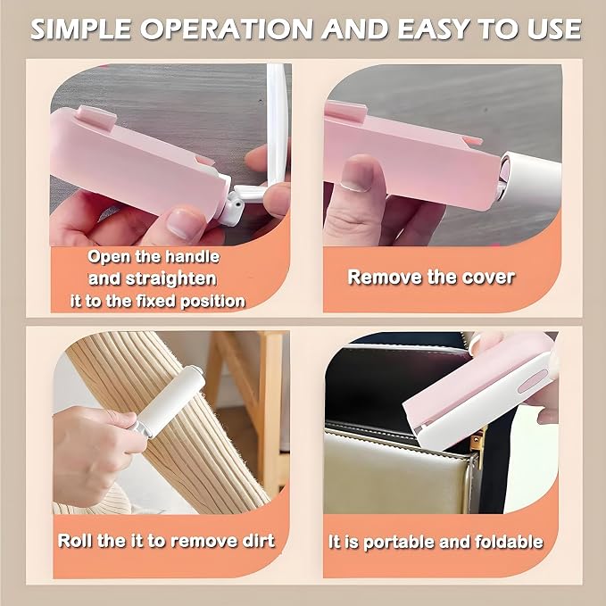 Mini Travel Lint Roller with 300 Sticky Sheets, Compact Portable Pet Hair Remover with Cover for Clothes, Travel, Small Foldable Lint Roller for Purse Car Bag Essentials (Pink and White)