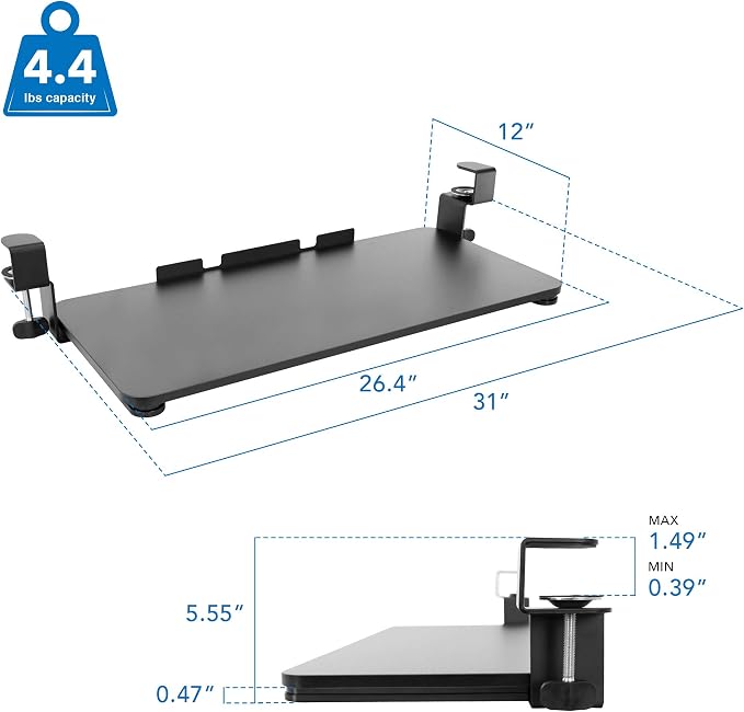 Mount-It! Clamp-On Under Desk Keyboard Tray, No-Drill Slide-Out Keyboard & Mouse Platform, 26.4" W × 11.8" D, Adjustable Ergonomic Keyboard Drawer, Fits Desks up to 1.5" Thick