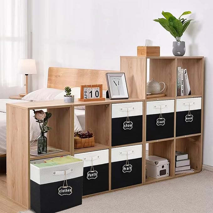 13x15x13 storage cube bins,Set of 4 Collapsible Fabric Storage Cubes with Labels,Linen Cube Storage Organizer Bins Kallax Storage Cubes for Organizing Office,Shelves,Cabinet,Clothes(White Black).