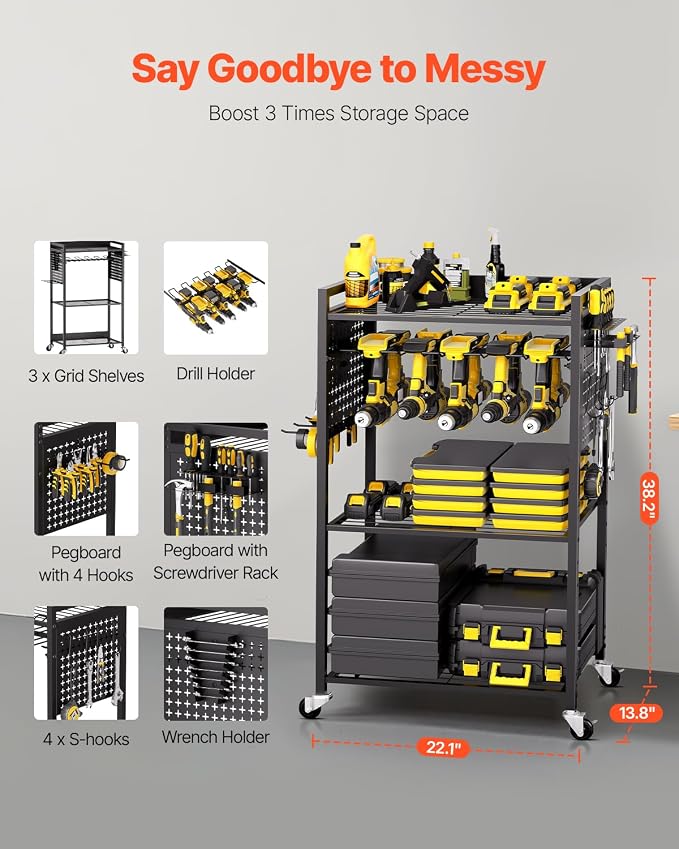 VEVOR 4-Tier Tool Organizer Cart, 150 lbs Load Capacity, Floor Stand Rolling Drill Holder and Stability Storage Rack, Heavy Duty Garage Floor Rolling Storage Cart for Workshop, Garage, Black
