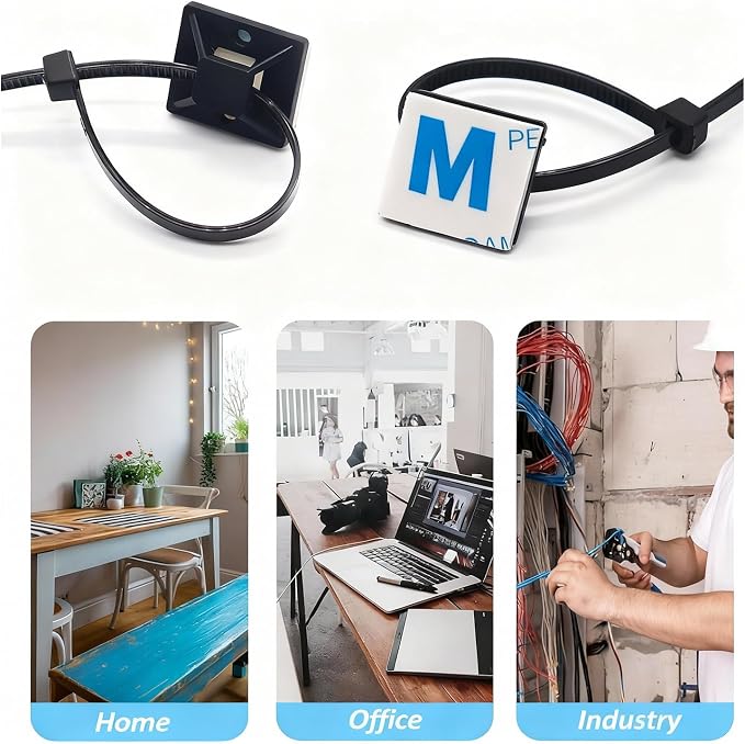 100 Set Cable Zip Tie Self Adhesive Mounts Kit with 6" Zip Ties, 3/4" Wire Holders Squares, Screws - Sticky Wire Fasteners Cable Clips Management Anchors Organizer - Black