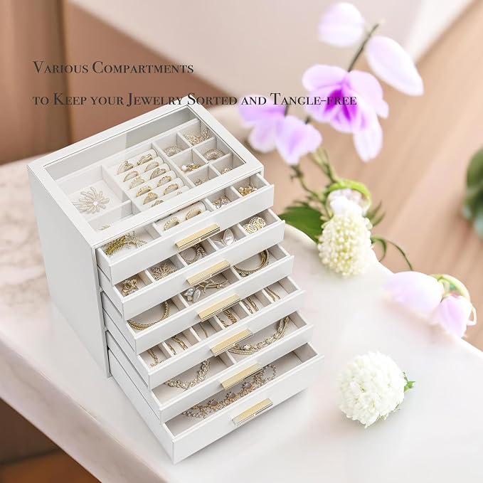 VLANDO 6-Drawer Jewelry Box with Glass Lid, Faux Leather Organizer for Rings Earrings Necklaces and More, Gift-Ready Jewelry Case for Women Girls or Moms, White
