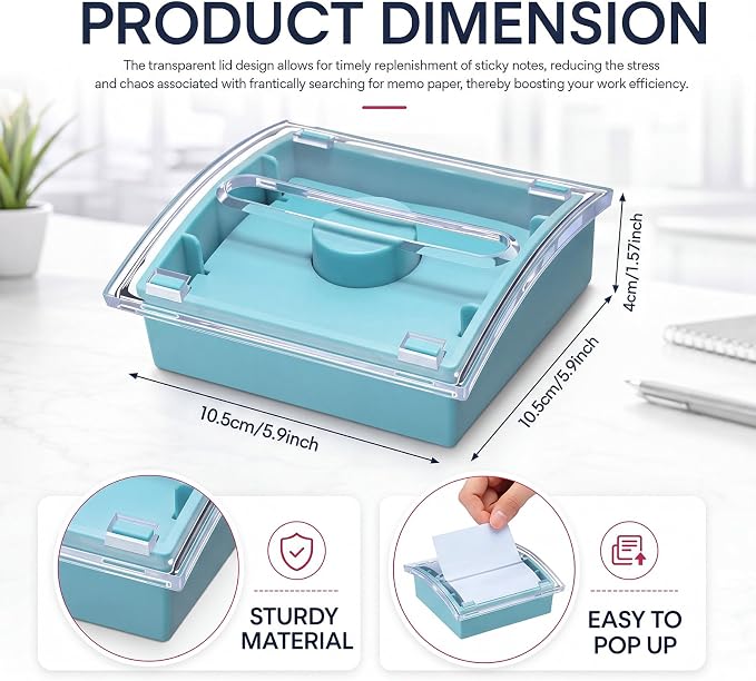 Junkin 1 Pcs Pop up Sticky Note Dispenser 3 x 3 Inch Sticky Note Holder with Transparent Top Colorful Base for School Office Home Store Desk Supplies (Dusty Blue)