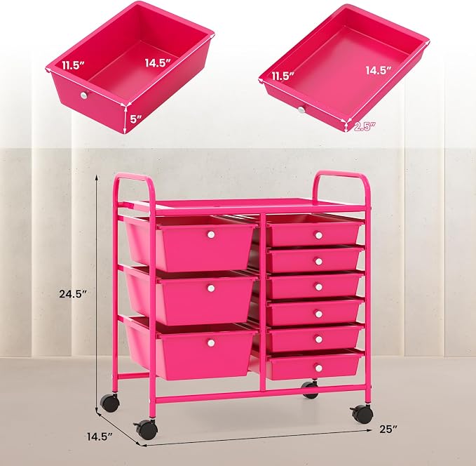 RELAX4LIFE 9 Drawer Rolling Storage Cart - Mobile Drawer Carts for Craft Art Supply Paper Salon, Utility Cart on Wheels for Classroom Teacher School Office, Rolling Cart with Drawers (Hot Pink)