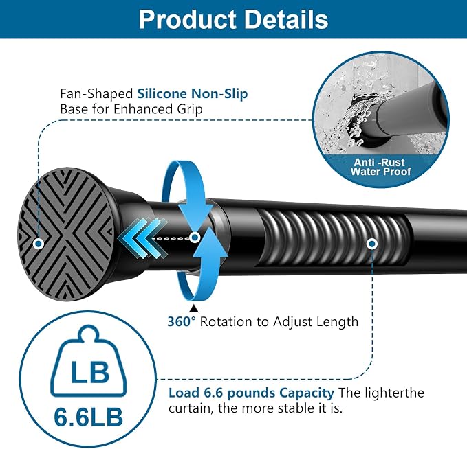 Tension Curtain Rod, 31-76in Black No Drill Shower Curtain Rods | High Carbon Steel, 7/8inch Spring Rod Diameter, Adjustable Length for Bedroom, Doorway, Closet, Kitchen,Bathroom